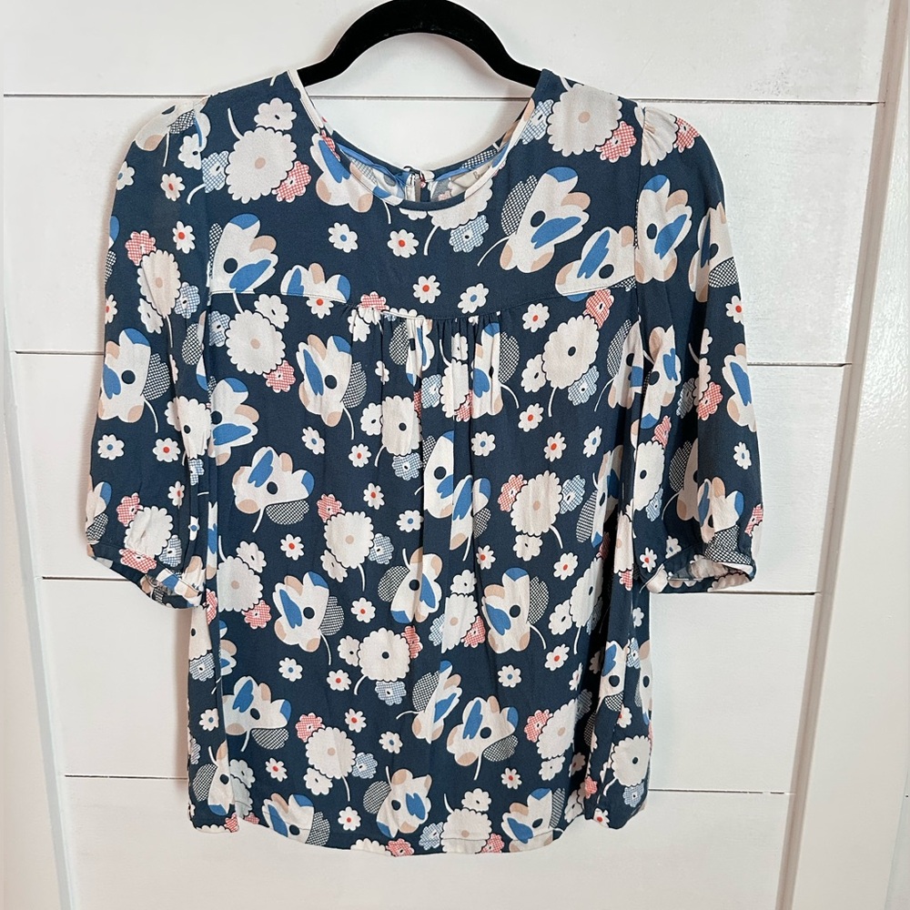 BODEN 8 Alexa blue colorful shabby chic floral short sleeve blouse cottagecore